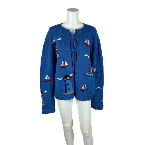 Vintage Sweaters - Vintage Lighthouse Cardigan Women's 2X Blue Novelty Nautical Sailboats Handmade